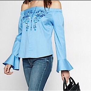 Express Off Shoulder Top Blue Floral M